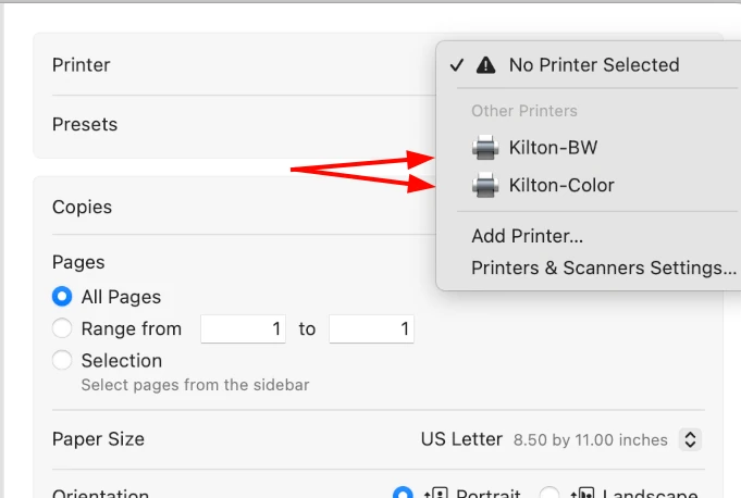 A portion of the printing dialog box in Mac OS showing the printers available.