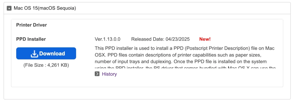 The download button on Richo's driver page.
