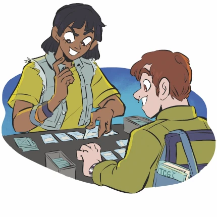 Two teens sit at a table playing a trading card game.