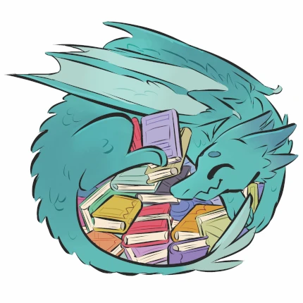 A teal dragon smiles as it encompasses its hoard of books with its body.