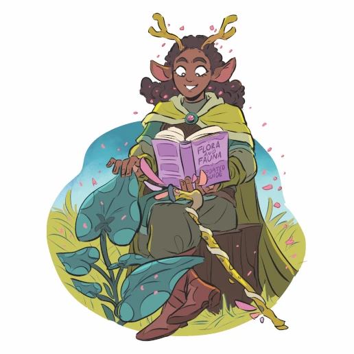 An elf with antlers wearing a cape sits on a stump in nature reading a book on flora and fauna.