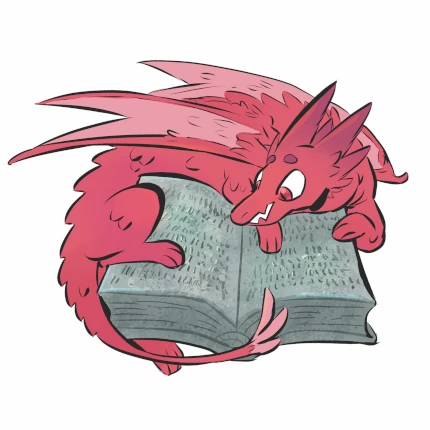 A read dragon is curled up with a thick tomb of a book.