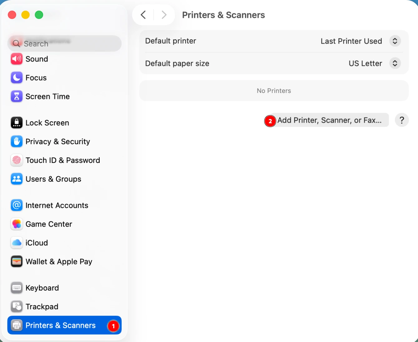 Screenshot of the Printers & Scanners dialog and the 'Add Printer, Scanner, or Fax...' button.
