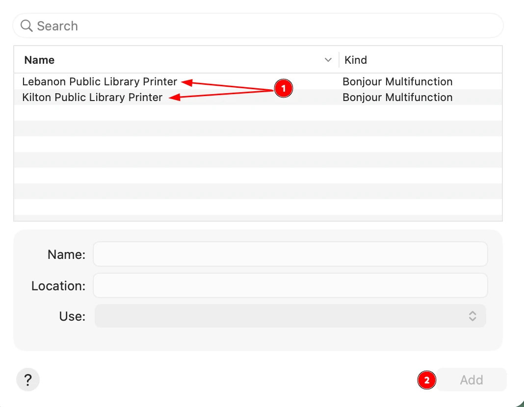Screenshot of the 'Add Printer' window showing the library's printer one can choose from and the 'Add' button.