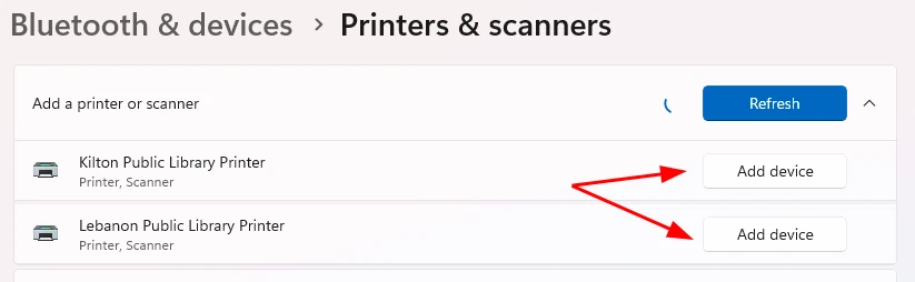 Screenshot of the Printer & Scanners dialog showing the library's printer one can choose from.