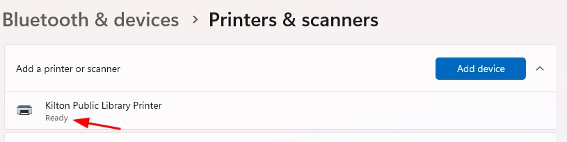 Screenshot of the Printers & Scanners dialog with the Kilton Public Library Printer showing a status of ready.